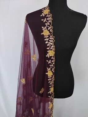 Net Wine  dupatta with gold embroidered cut work with small pearls